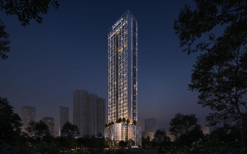 Luxury high-rise mirror-lit tower view at SOBHA INIZIO Parel Mumbai